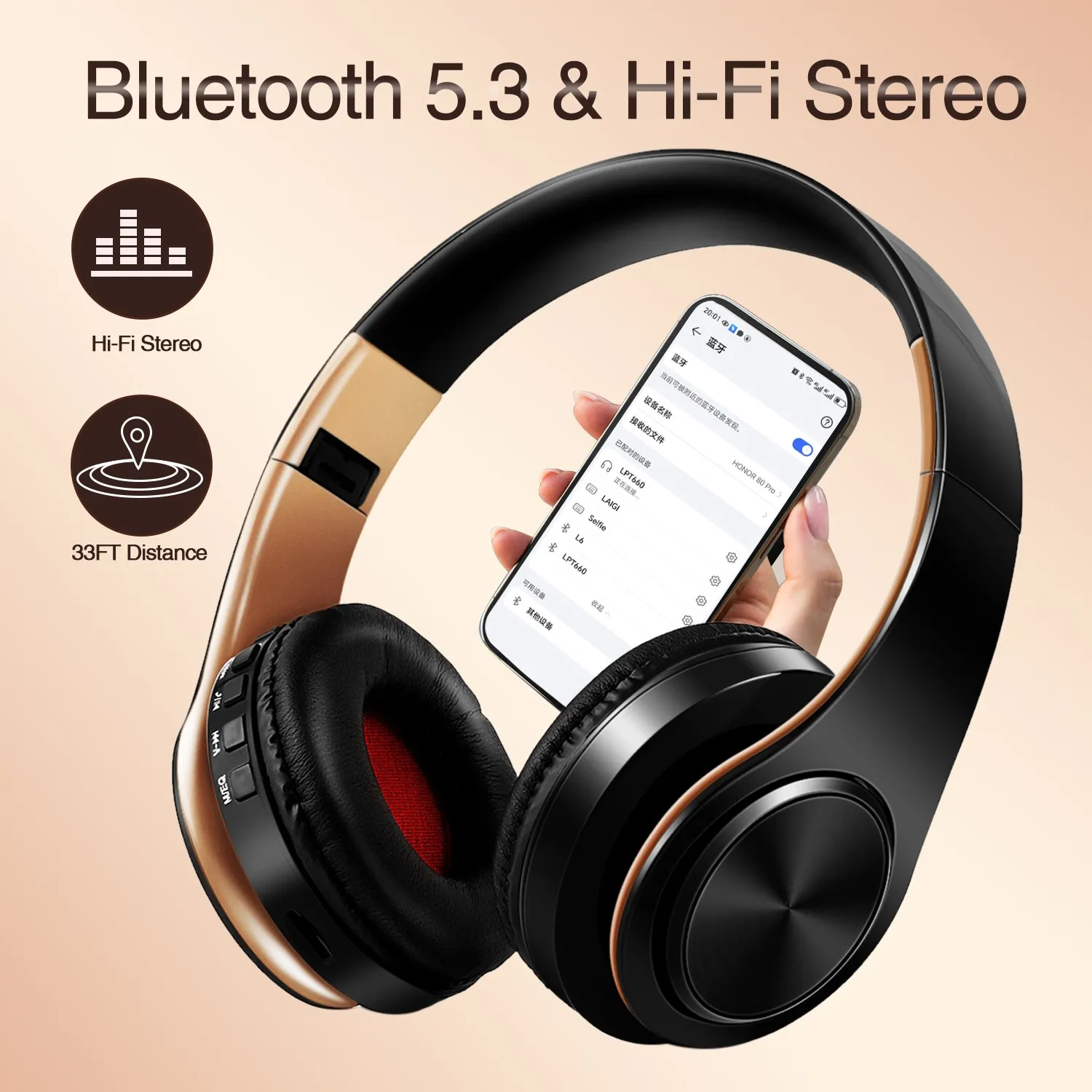 Casque sans fil doré avec micro intégré, compatible avec Android et iOS