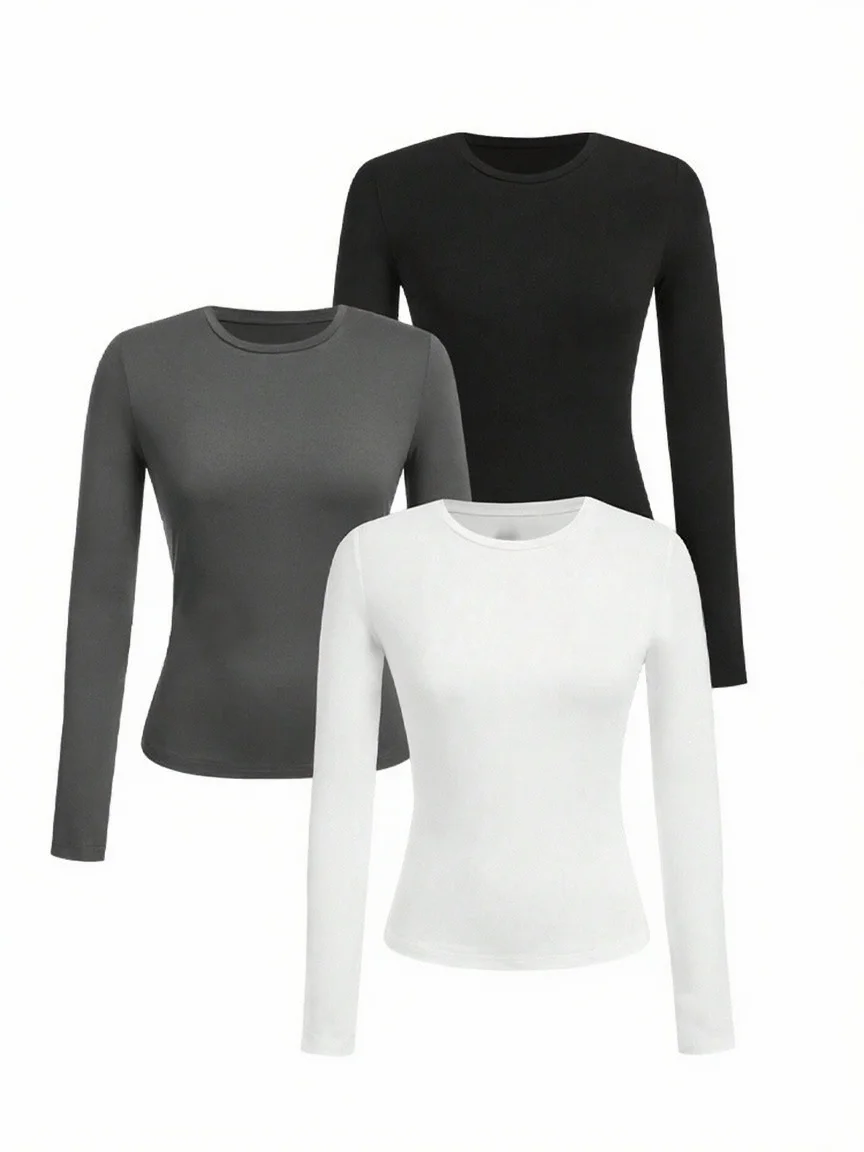 T-shirt à manches longues pour femme - Col rond, coupe classique, modèle automne-hiver