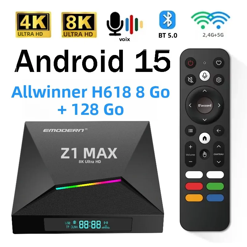 Boîtier TV Z1 Max Android 15 iptv Allwinner H618 Quad Core 4G 5G Dual WiFi HD 8K 4K Lecteur multimédia BT 5.0 Support Boîtier TV à télécommande vocale