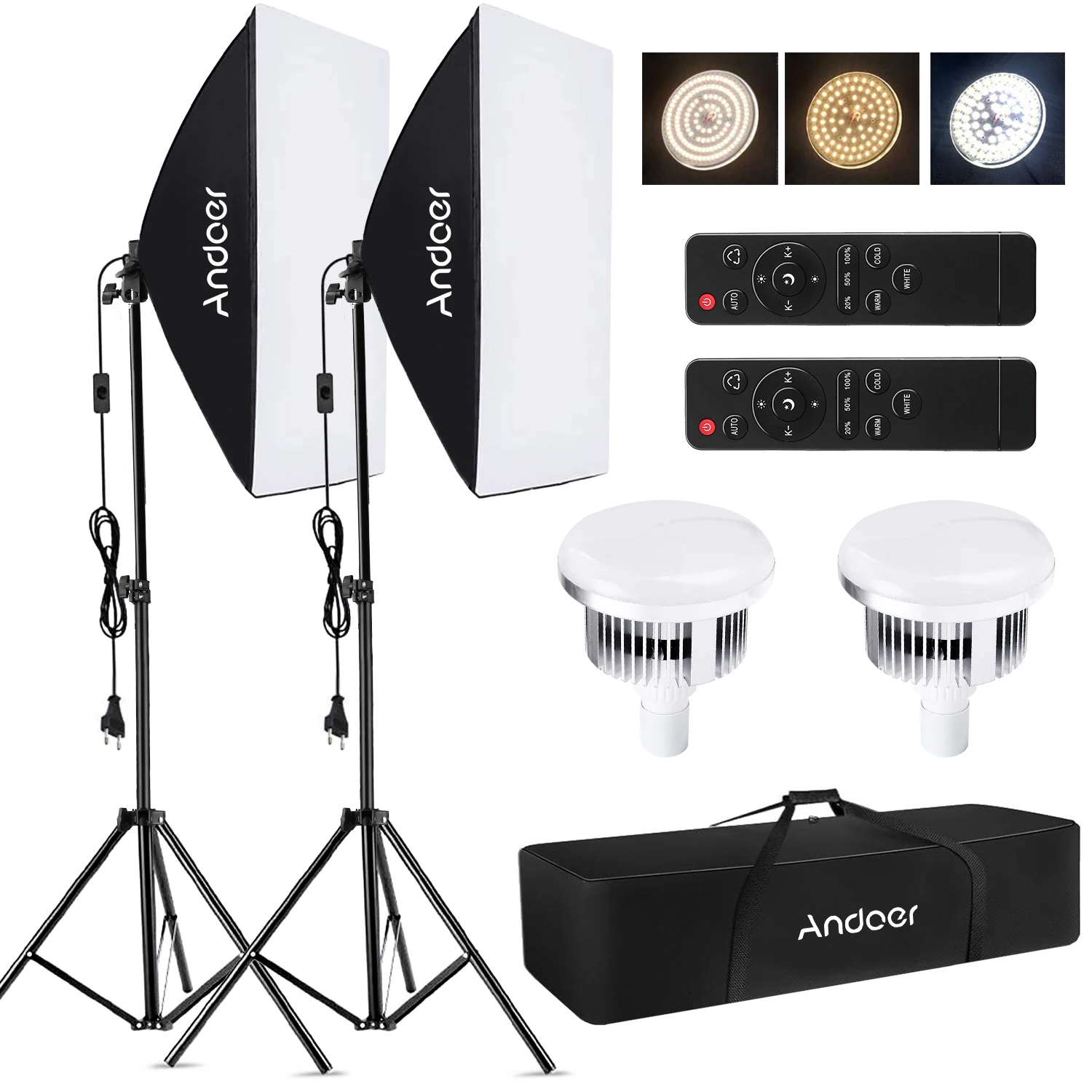 Kit d'éclairage photographique Andoer Studio Softbox avec lumière LED 85 W 2800K-5700K/Softbox 50x70cm/Support vidéo 2m