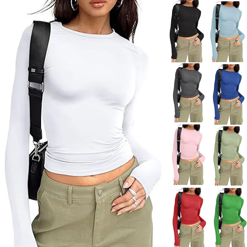 Lot de 1 t-shirt à manches longues et col ras du cou pour femme, coupe slim, pour femme, coupe courte  Camisoles de streetwear quotidiennes