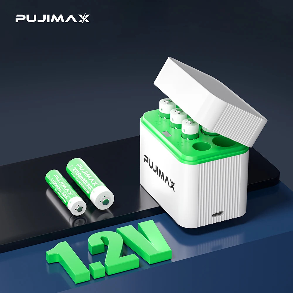 Chargeur de batterie PUJIMAX 4 emplacements AA+4 emplacements AAA, boîtier de charge complet de batterie nickel-hydrogène 1,2 V, interrupteur d'éclairage intelligent