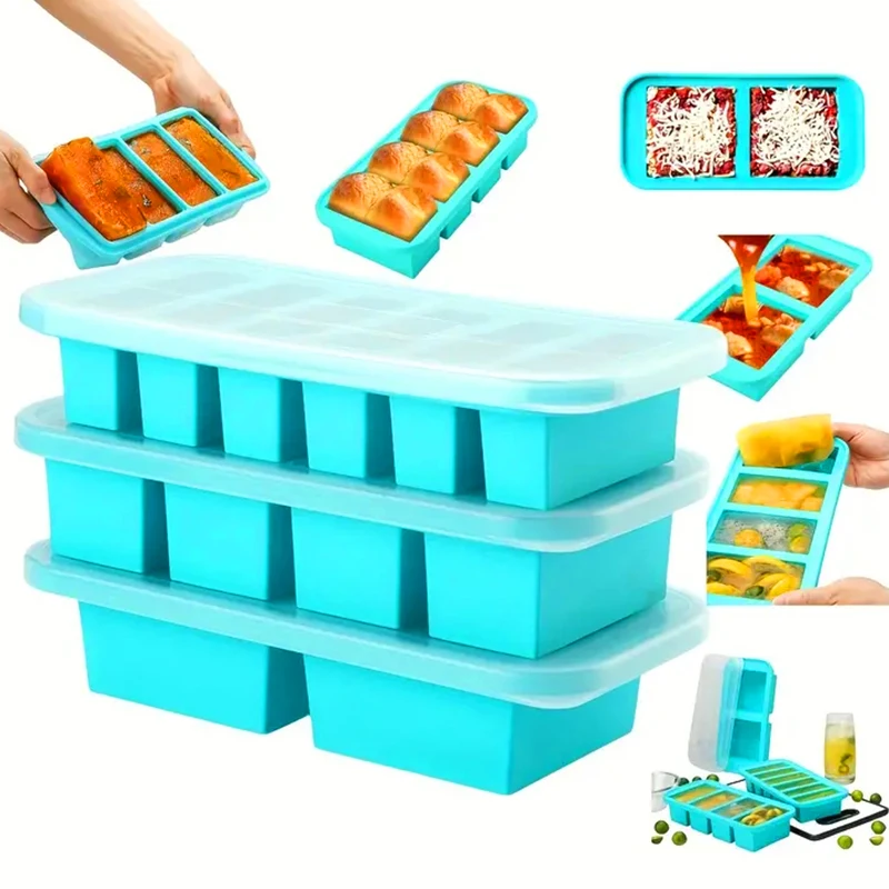 Moule de congélateur en silicone 2 ou 3 pièces avec couvercle, boîte de rangement, boîte alimentaire, récipients de rangement pour soupe, bouillon, préparation de repas, glaçons
