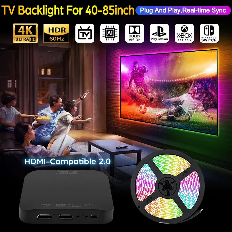 2024 Nouvelle synchronisation du rétroéclairage LED du téléviseur ambiant sur l'écran pour une bande lumineuse LED de synchronisation en temps réel de 40 à 85 pouces pour appareil 2.0 compatible HDMI 4K