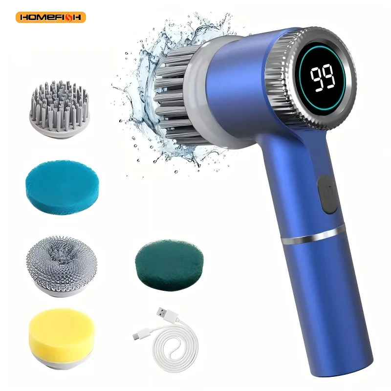 Épurateur électrique rotatif avec 5 têtes de brosse remplaçables, épurateur de douche rechargeable à main réglable à trois vitesses