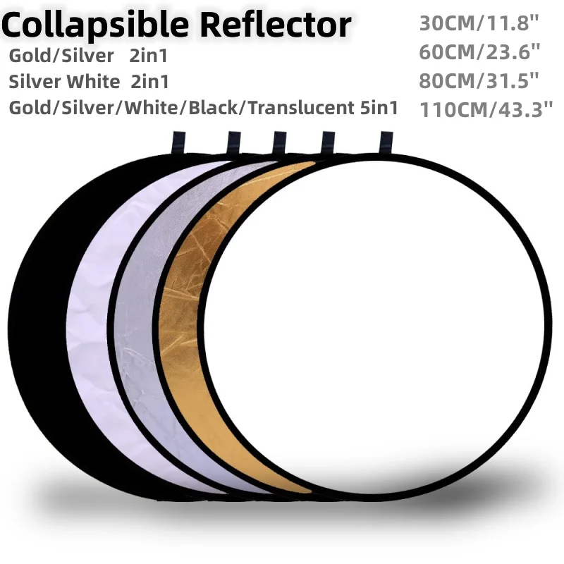 Réflecteur RF01 24" 5 en 1 30 cm 60 cm 80 cm 110 cm Argent Or blanc Portable Pliable Lumière douce Ronde Photographie pour Studio 2 en 1