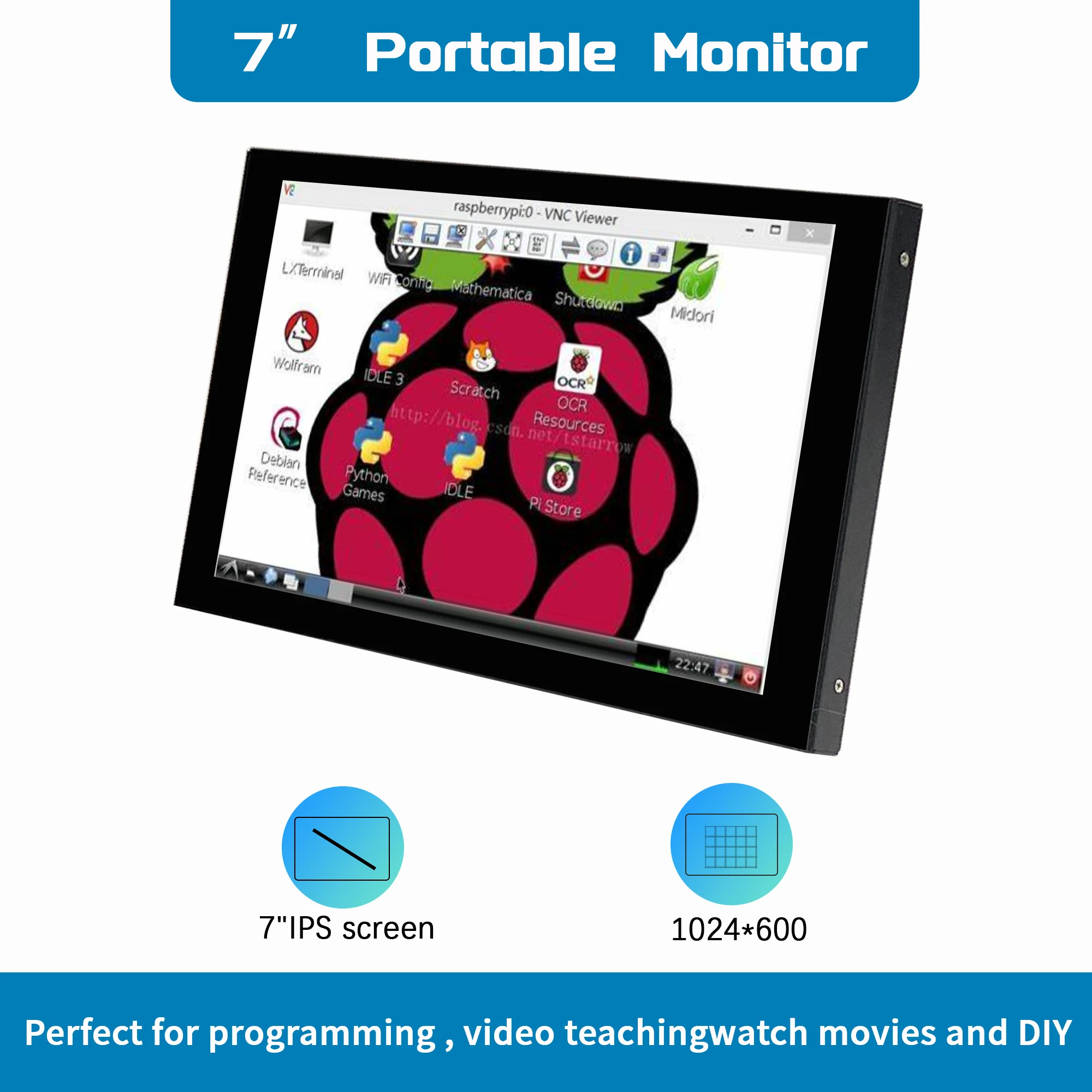 Écran Raspberry Pi 7 pouces non tactile IPS 1024x600 HD LCD HDMI-  pour écran secondaire portable RPI 4B 3B+ 3B PC