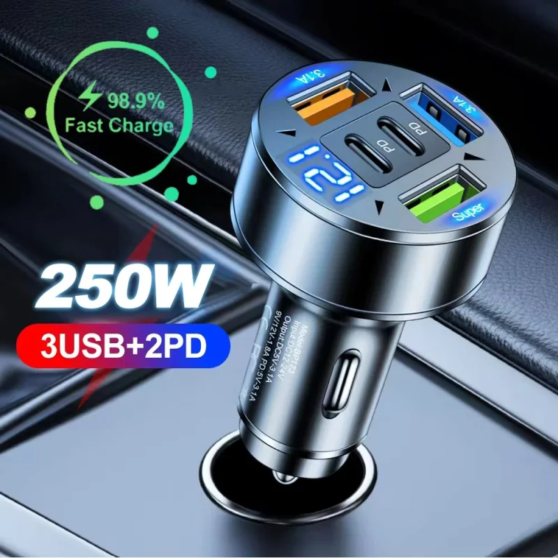 Chargeur de voiture 5 en 1 PD QC3.0 250 W à charge rapide USB C pour iPhone,Samsung Galaxy, iPad Pro, adaptateur allume-cigare multiport