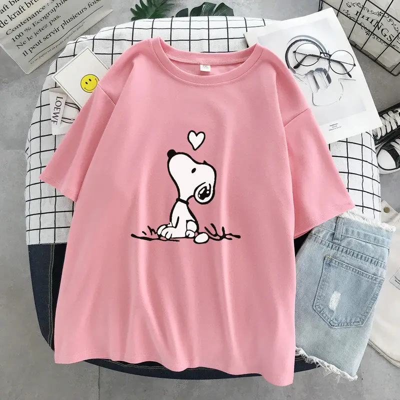 2026 Nouveau T-shirt d'été à manches courtes Snoopy Cartoon Anime pour femme, t-shirt en coton blanc blanc pour homme, haut, vêtements de couple tendance