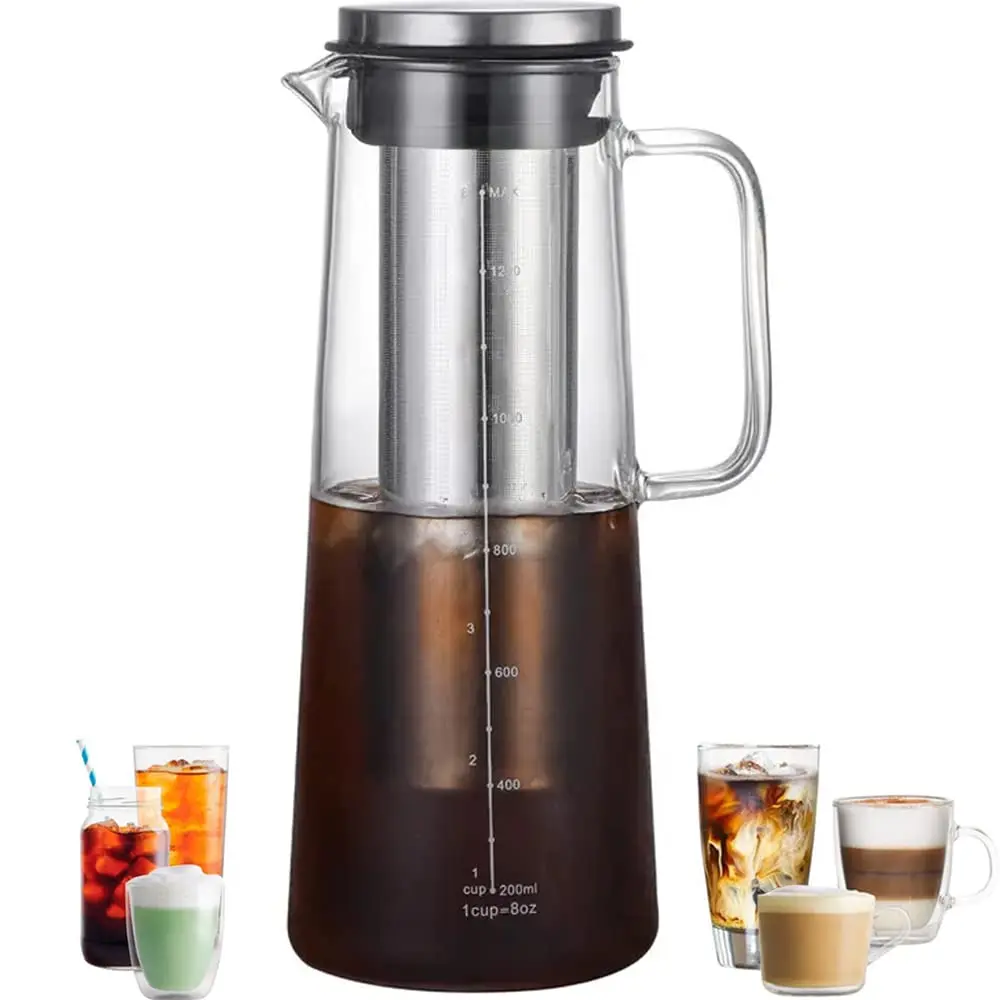 Cafetière glacée hermétique à infusion froide et infuseur à thé Leeph - Carafe en verre de 1,0 L / 34 oz avec filtre amovible en acier inoxydable