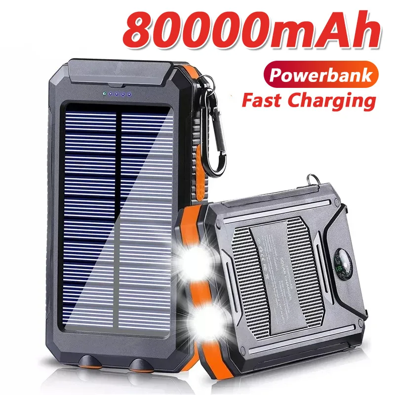 Batterie externe portable Poverbank 80 000 mAh avec batterie solaire, lampe LDE puissante pour tous les smartphones