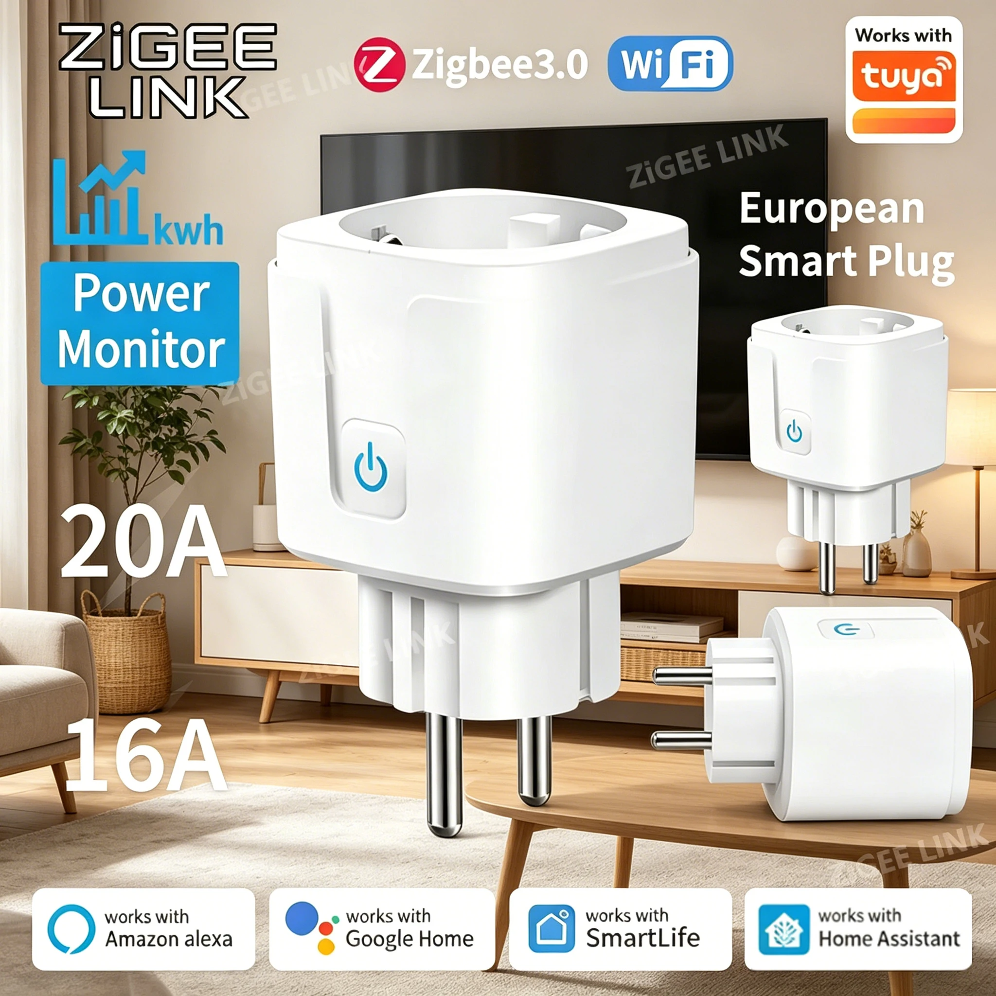 Pour Tuya Zigbee Smart Plug EU Switch Home Assistant Smart Wifi Outlets Socket avec fonction de synchronisation du moniteur d'alimentation Commande vocale