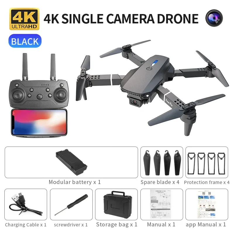 Drone pliable intelligent E88 ProPrise en charge de la commutation de caméra simple/double Qualité d'image 4K + prise de vue grand angle WiFiDirect Real-Tim