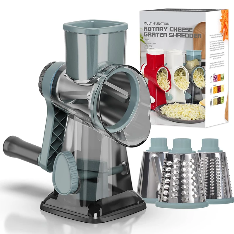 Râpe à fromage rotative 3 en 1 LMETJMA, trancheuse manuelle polyvalente pour légumes, broyeur de cacahuètes, broyeur de légumes, transparent JT242