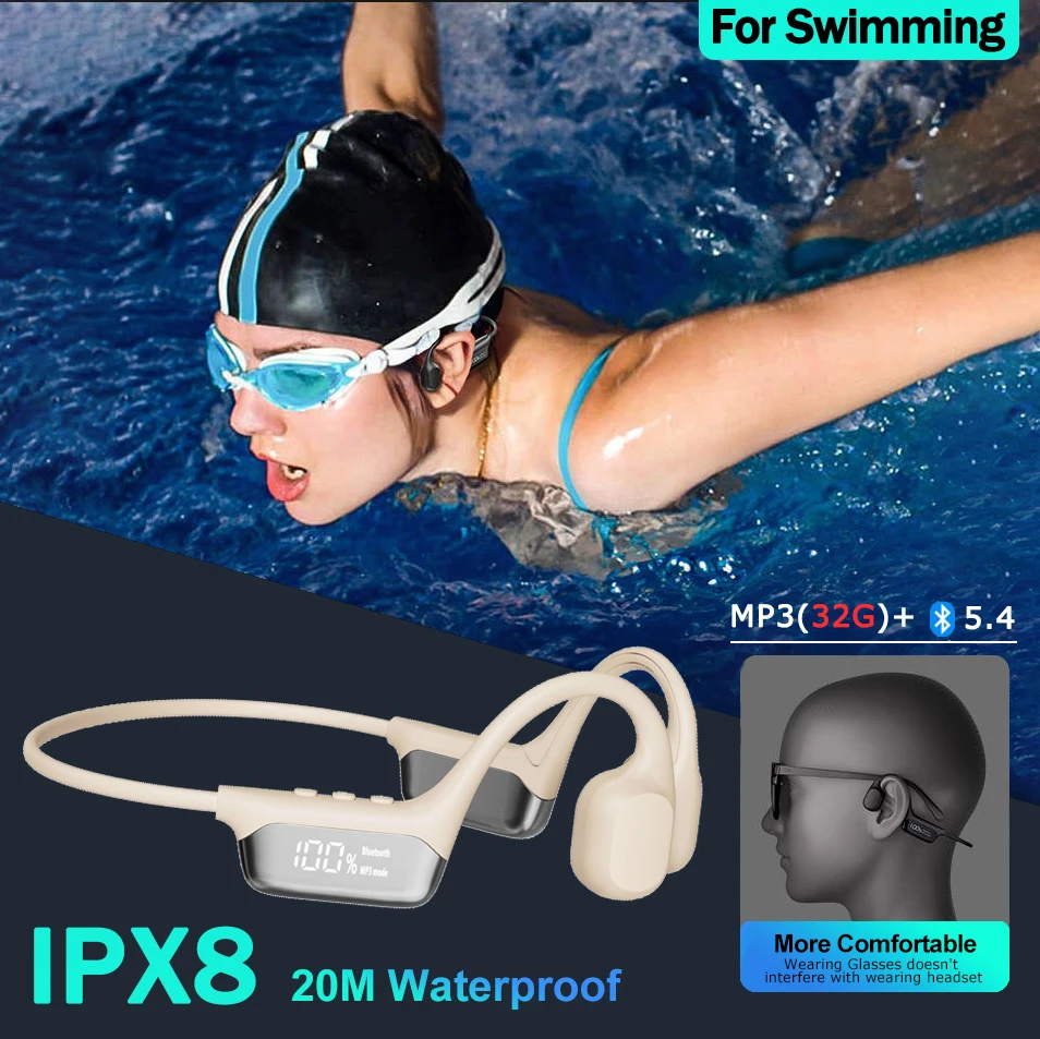 Casque à conduction osseuse Bluetooth 5.4 Écouteurs sans fil IPX8 étanches pour la natation Sports Support Lecteur MP3 avec 32 Go de RAM
