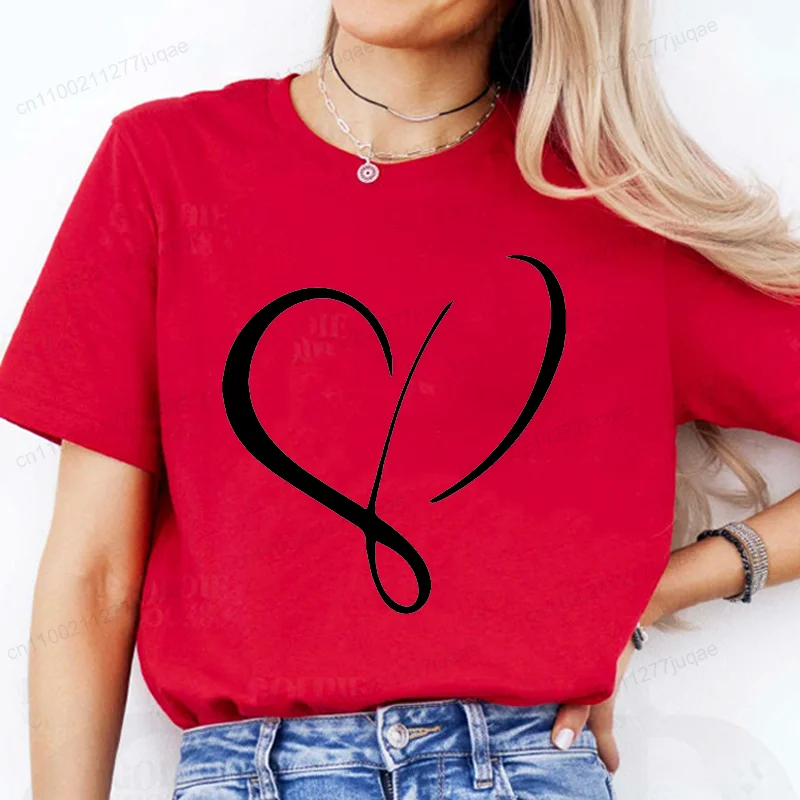 T-shirts à motif cœur pour femmes, mode décontractée, manches courtes, avec cœur, graphisme personnalisé, T-shirts pour femmes ROUGES Ts01