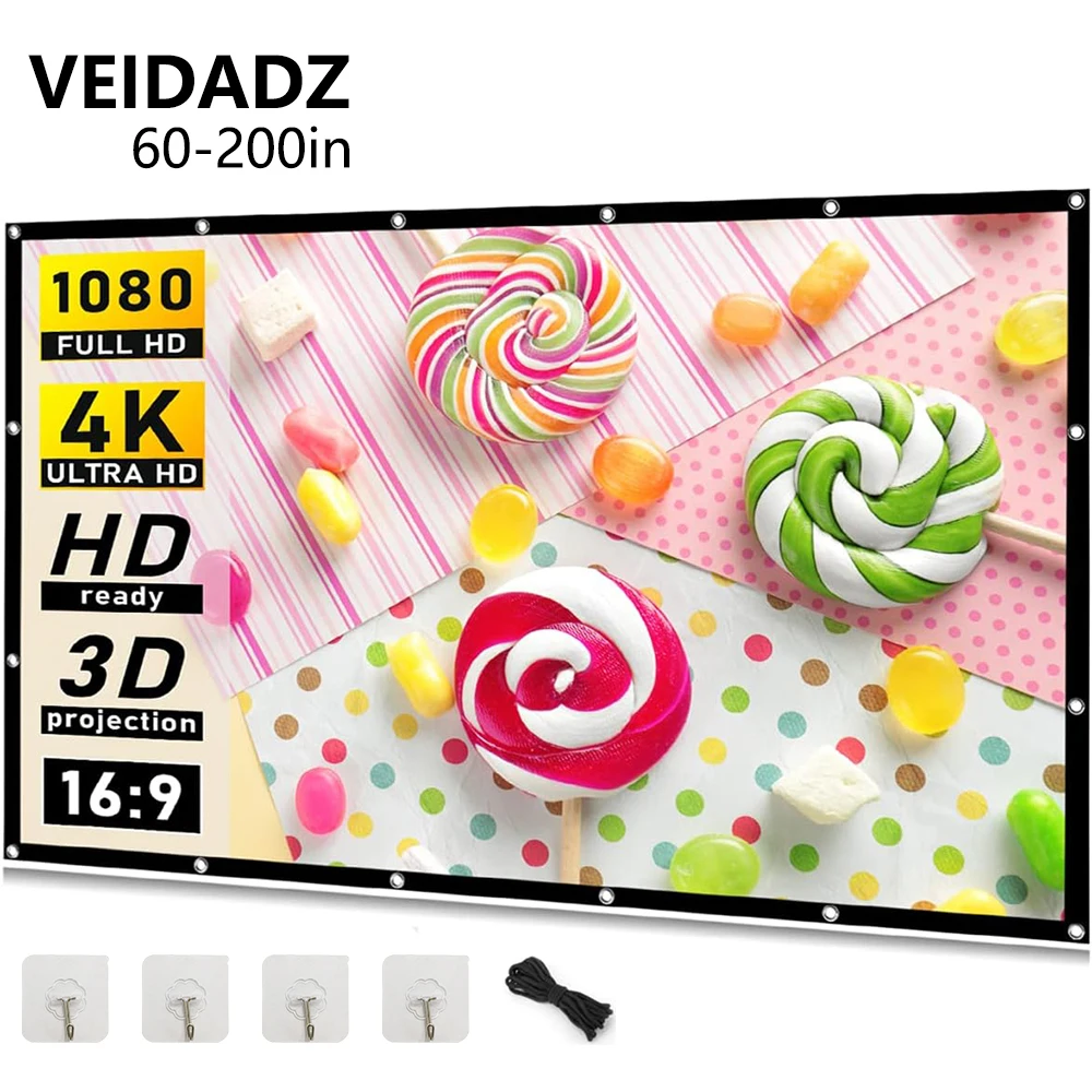 Écran de projection VEIDADZ blanc sans plis Écran de projection pliable portable haute densité doux de 60 à 200 pouces pour film en plein air